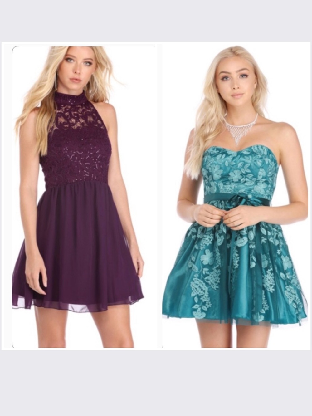 2 WINDSOR Party Cocktail Prom Dresses - Plum Lace Halter & Teal Strapless Floral